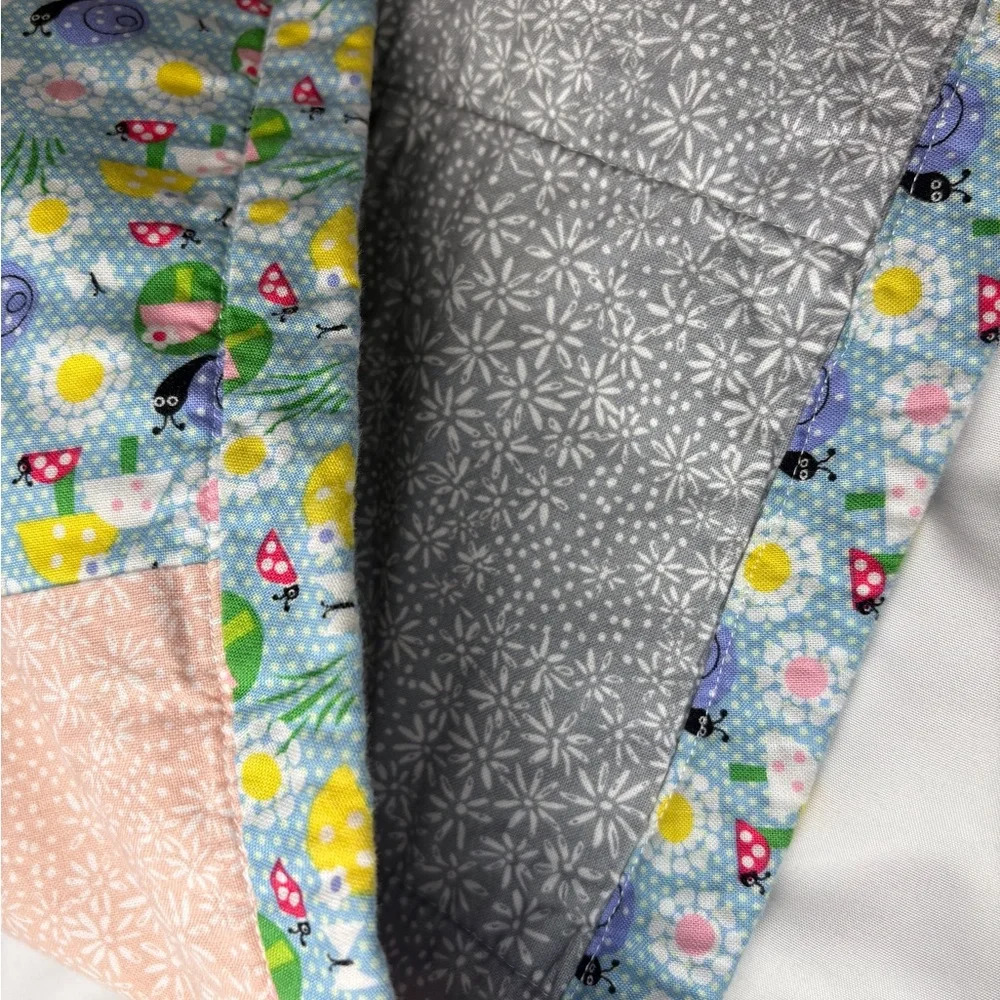 Handmade Baby Quilt - Cotton Calico Print - Peach and Blue Patchwork